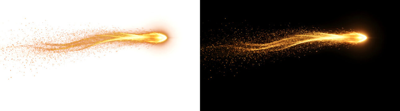 Fast flying golden spark trail with glowing ember tip and fiery particles with PNG, Transparent and Black Background Versions