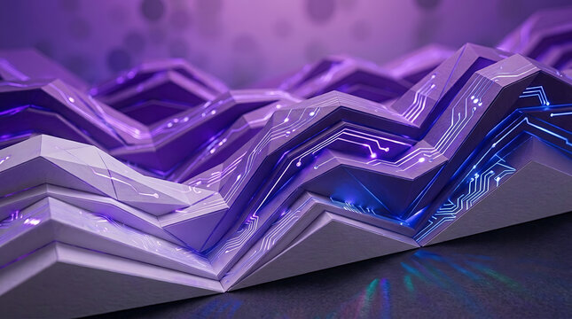 Abstract purple and blue geometric layers with glowing circuitry