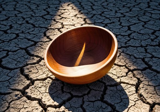 An empty wooden bowl sits on dry cracked earth under harsh sunlight representing a severe shortage of essential nourishment and resources, aid, ground, resources