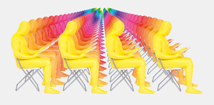 Men in zentai using digital tablet
