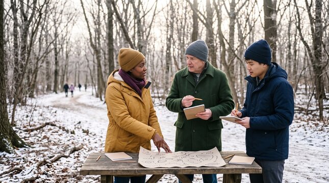 Bird count volunteers compare observations in a winter park