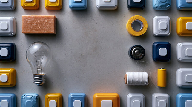 Light Bulb and Household Items Frame with Copy Space