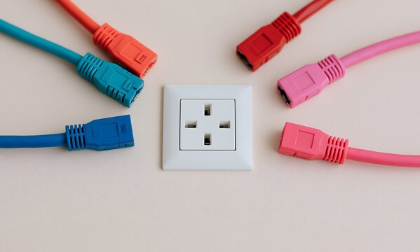  a single socket in the center, three or four unplugged cables of clearly different colors (different vendors) angled toward it, any one of which obviously fits