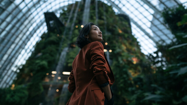 Asian Businesswoman Looking Up inside Modern Sustainable Glasshouse