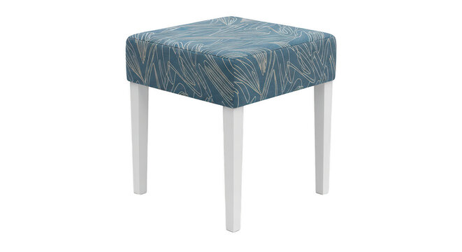 Square blue patterned stool with white legs on transparent.