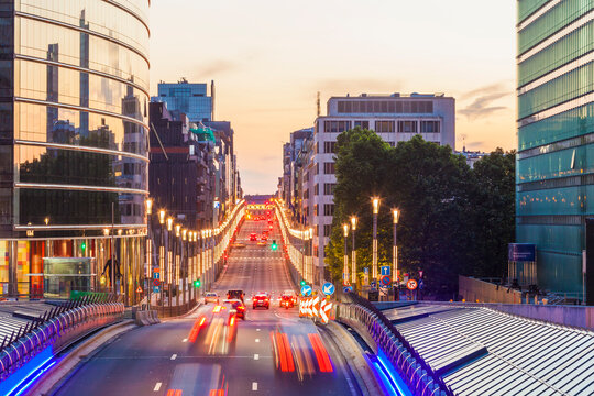 Belgium, Brussels, European Quarter, Rue de la Loi in the evening