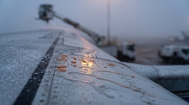 Heated deicing fluid melts frost on an aircraft wing