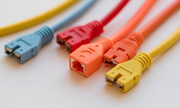  a single socket in the center, three or four unplugged cables of clearly different colors (different vendors) angled toward it, any one of which obviously fits
