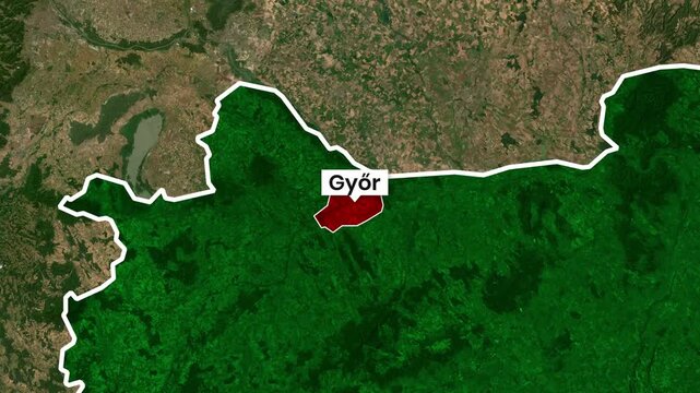 Aerial map animation highlighting the region of Győr in Hungary