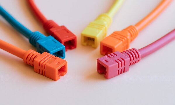 a single socket in the center, three or four unplugged cables of clearly different colors (different vendors) angled toward it, any one of which obviously fits