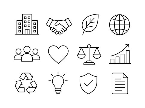 Corporate social responsibility and management. Line outline icon set of Corporate social responsibility and management: office building, handshake, leaf, globe, team, heart, balance scale, upward