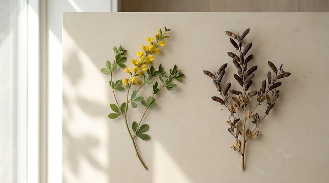 A comparison showing a fresh branch of baptisia tinctoria and a dry seed pod stalk on stone