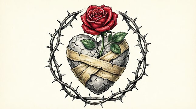 Stone heart wrapped in bandage with thorns and rose
