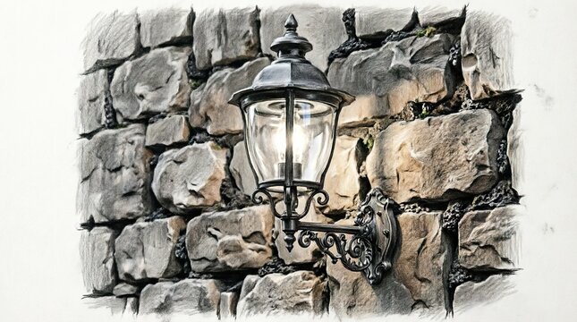 Vintage lantern mounted on stone wall
