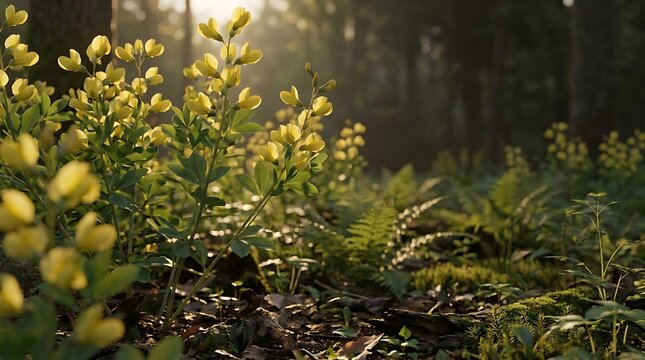 Wild baptisia tinctoria flowers blooming in a serene forest under sunlight with lush ferns.