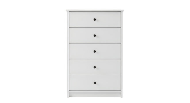 White five drawer chest with black knobs in studio.