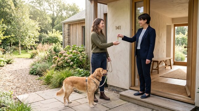 Renter receives keys with calm dog at a new rental home