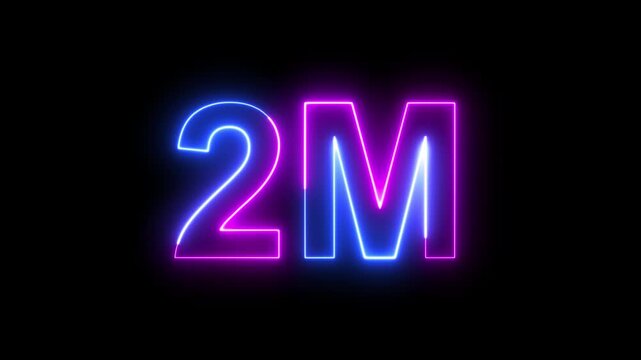 2M Blue and Pink Neon Milestone Animation with Glowing Number on Dark Background. Ideal for subscriber celebrations, social media achievements and digital promotions.