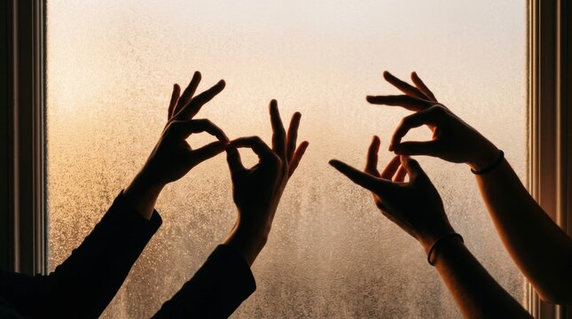 Silhouette of Hands Creating Shadow Puppets Against a Golden Sunset Window.