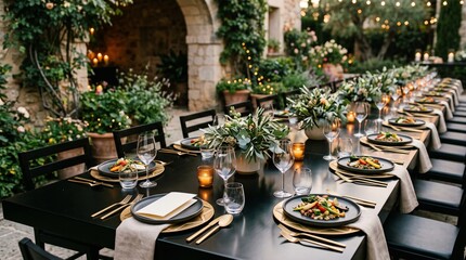 Fototapeta premium Geometric garden tablescape for an evening dinner event