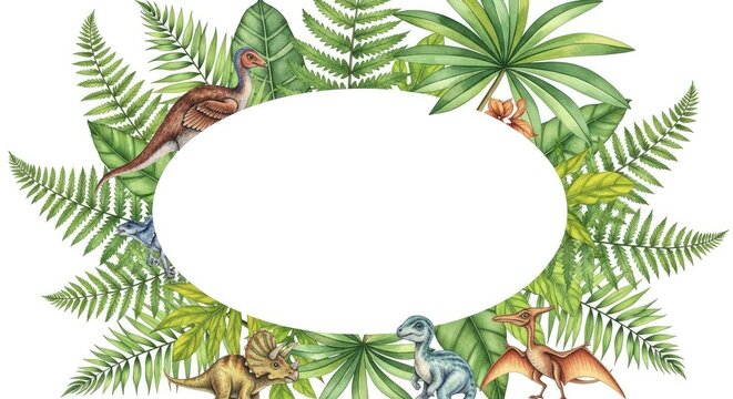 Hand painted watercolor frame showcasing prehistoric jungle foliage and small dinosaurs encircling a central blank space for copy, reptile, pattern, lizard