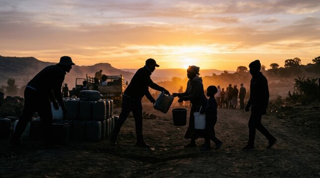 Silhouettes of people receiving aid at sunset.