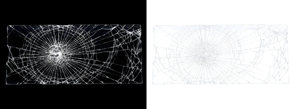 Realistic shattered broken glass with radiating crack pattern and impact center with PNG, Transparent and Black Background Versions