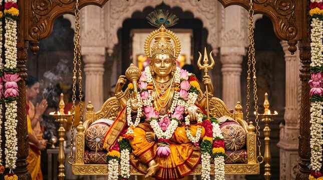 Balarama Jayanti Celebration Ornate Idol Decorated with Flowers and Garlands in Temple Setting