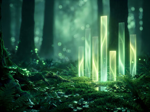 Glowing crystal pillars standing in a dark mystical forest with ethereal light and magical atmosphere