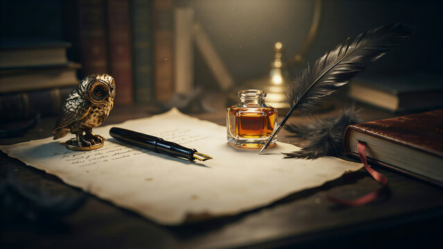 Vintage writing desk with owl figurine, inkwell, quill pen, and parchment paper in a dimly lit study atmosphere