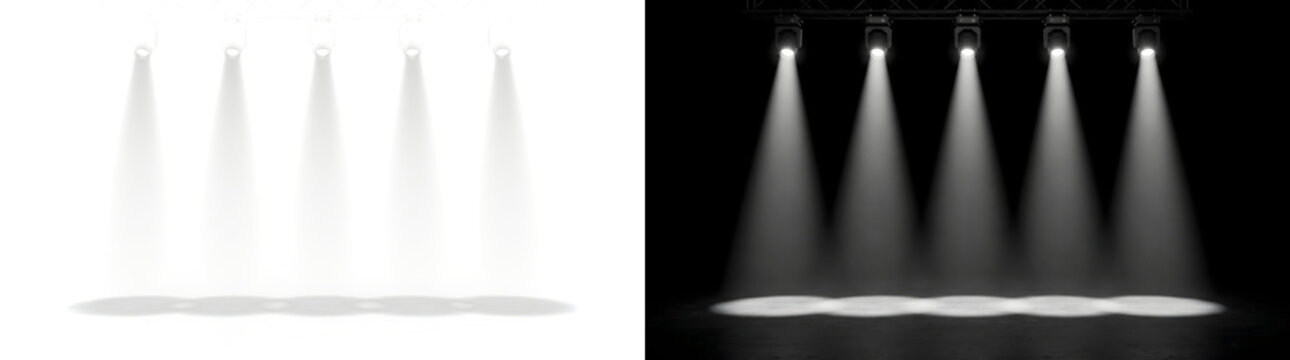 Professional stage lighting truss with five spotlight fixtures beaming down with PNG, Transparent and Black Background Versions