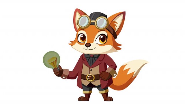 Smart fox inventor. Animation of a fox inventor with a light bulb, alpha channel. Cartoon