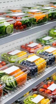 Row of transparent plastic containers filled with fresh garden salads and sliced fruit assortments arranged on metal shelves in a cooler, food, assortment, vegan