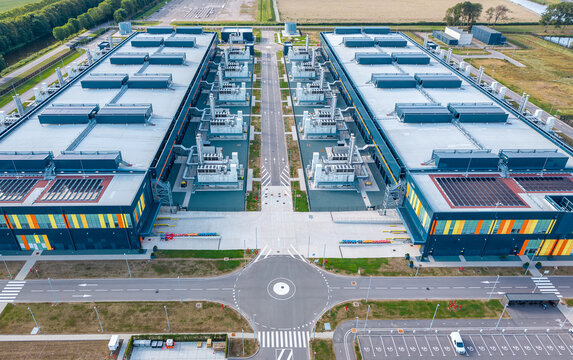 Data center AMS 13 and AMS 14 in Middenmeer, Netherlands, aerial view