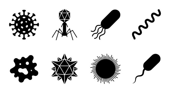 Microbe Icons: Bacteria, Virus, Bacteriophage, Amoeba, Pathogen Symbols