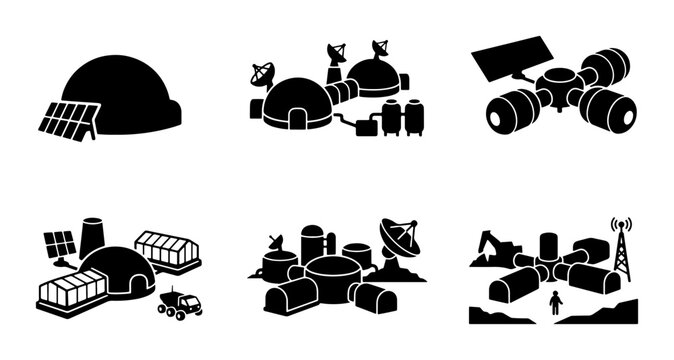 Space Station Icons, Lunar Base Elements, Martian Colony Modules, Futuristic Outpost Designs