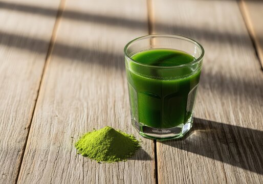 Vibrant green wolffia superfood drink in a glass next to fine powder on a rustic wooden surface with soft shadows and natural lighting, dry, texture, smoothie