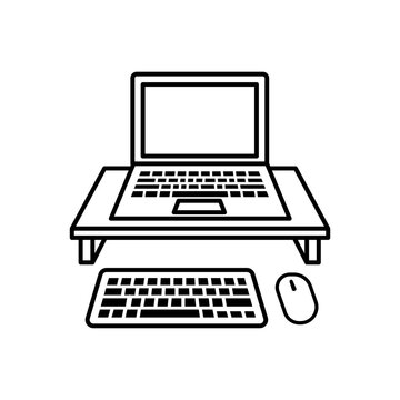 Minimal line art illustration of an ergonomic computer setup with a laptop stand, external keyboard, and mouse.