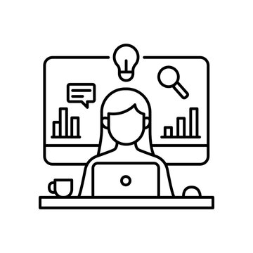 Minimalist black line icon depicting a woman working at a computer with optimized posture and focus. 