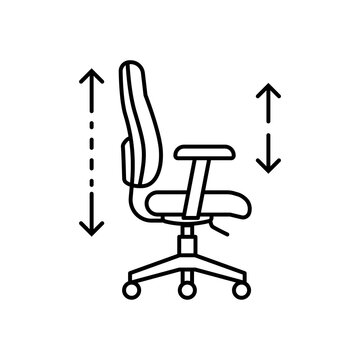 Black and white outline icon representing a height-adjustable ergonomic office chair with directional arrows. 