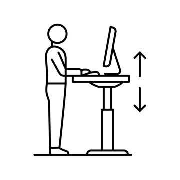 Line icon showing a standing desk setup with height adjustment arrows for flexible workplace ergonomics. 