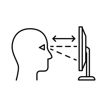 Black and white icon showing side profile of a head with sight lines to a monitor at proper eye level. 