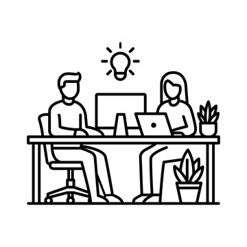 Minimalist icon depicting two people collaborating at an ergonomically arranged office desk. 