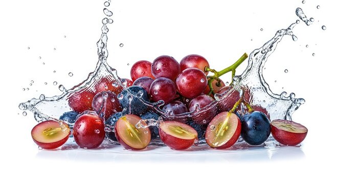 Vibrant red grapes and fresh halves swirl together in a dynamic splash of water, showcasing juice droplets and a clean, bright background, gourmet, snack, clean