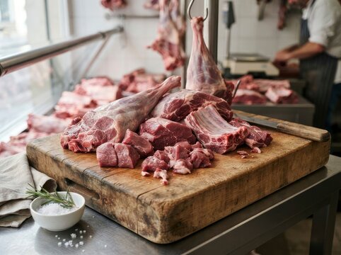A variety of fresh raw lamb meat cuts including a leg, ribs, and diced portions arranged on a rustic wooden butcher block in a commercial shop.
