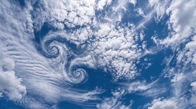 Beautiful spiral cloud formations in a bright blue sky showing natural swirl vortex patterns