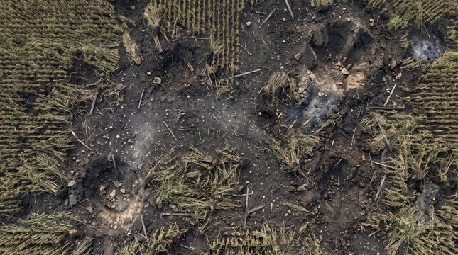 Aerial view of bomb craters in a crop field after military shelling, showing the devastating impact of war on agriculture