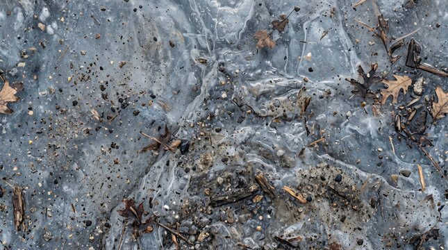 High-angle texture of dirty melting snow and ice with soil, twigs and dry leaves during spring thaw