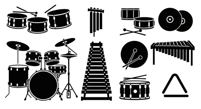 Black and white musical percussion instrument icons with representing various musical displays collection black percussion instruments xylophone