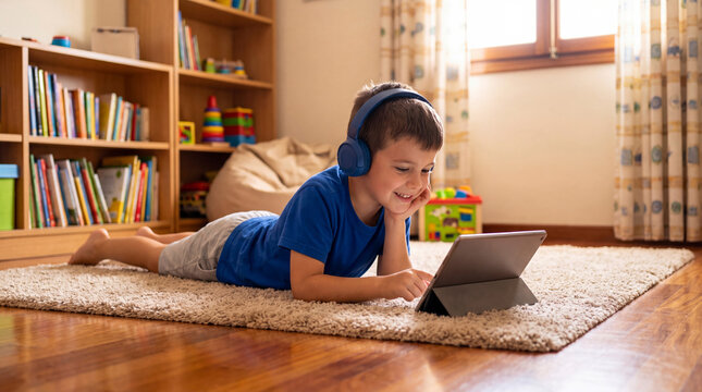 Happy little boy wearing blue headphones lying on carpet floor in room and using digital tablet